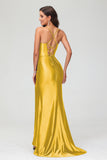 Spaghetti Straps Pleated Long Slit Sweep Train Mermaid Formal Evening Dress Prom Party Gowns