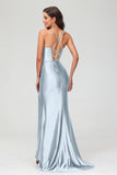 Spaghetti Straps Pleated Long Slit Sweep Train Mermaid Formal Evening Dress Prom Party Gowns