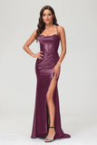 Spaghetti Straps Pleated Long Slit Sweep Train Mermaid Formal Evening Dress Prom Party Gowns