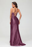 Spaghetti Straps Pleated Long Slit Sweep Train Mermaid Formal Evening Dress Prom Party Gowns