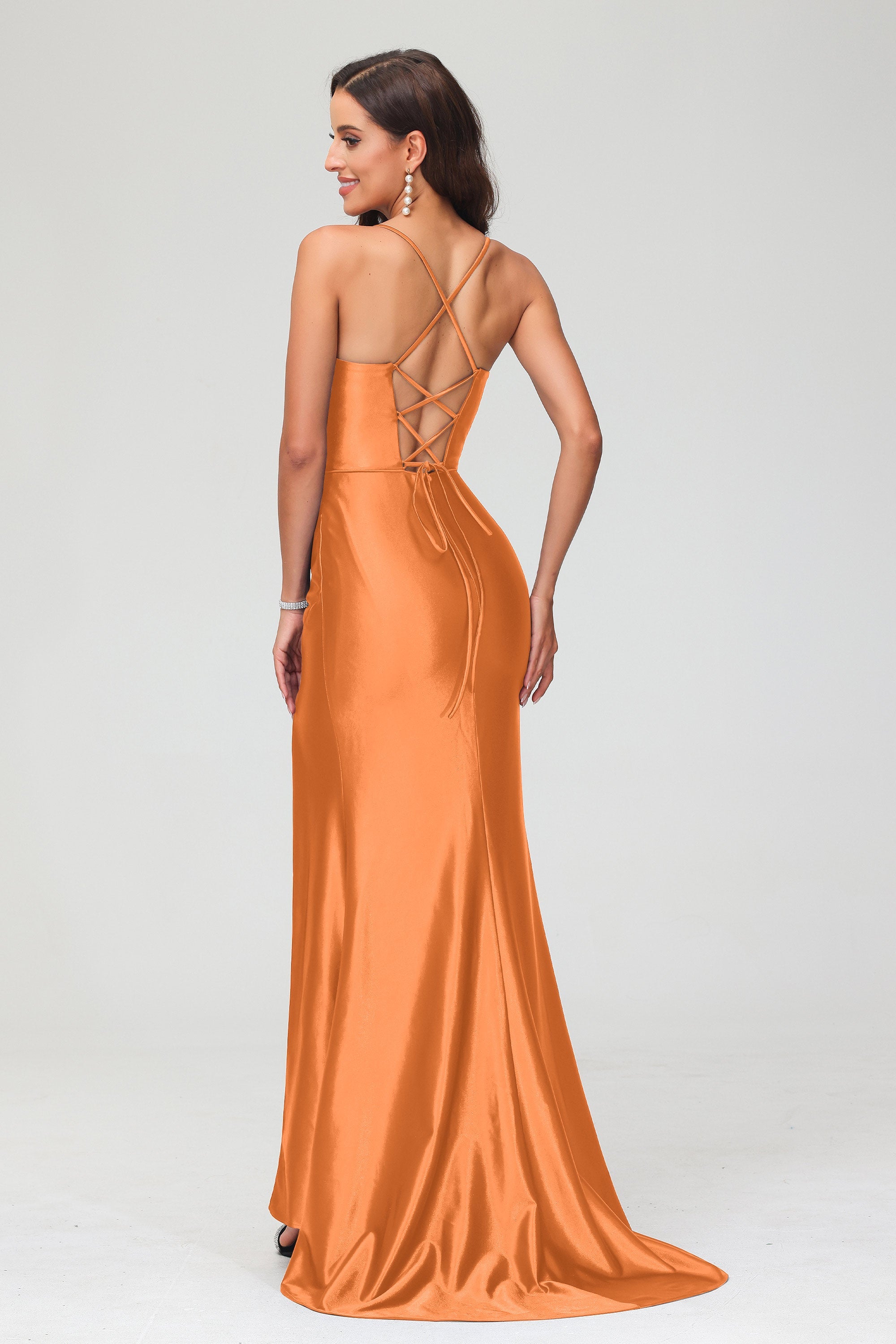 Spaghetti Straps Pleated Long Slit Sweep Train Mermaid Formal Evening Dress Prom Party Gowns