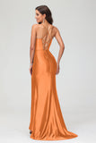 Spaghetti Straps Pleated Long Slit Sweep Train Mermaid Formal Evening Dress Prom Party Gowns