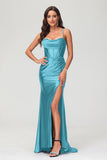 Spaghetti Straps Pleated Long Slit Sweep Train Mermaid Formal Evening Dress Prom Party Gowns