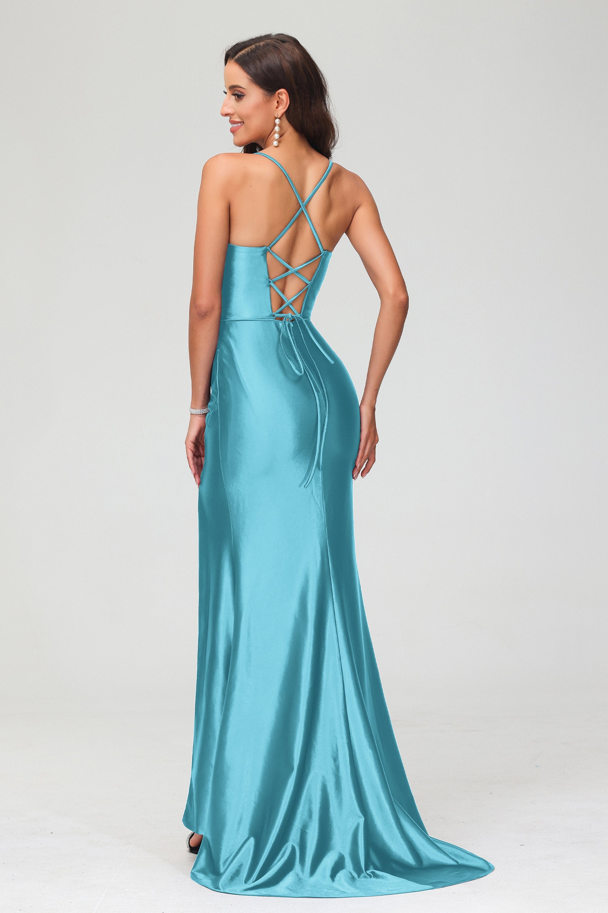 Spaghetti Straps Pleated Long Slit Sweep Train Mermaid Formal Evening Dress Prom Party Gowns
