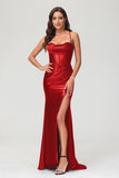Spaghetti Straps Pleated Long Slit Sweep Train Mermaid Formal Evening Dress Prom Party Gowns