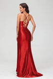 Spaghetti Straps Pleated Long Slit Sweep Train Mermaid Formal Evening Dress Prom Party Gowns