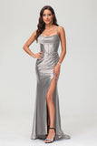 Spaghetti Straps Pleated Long Slit Sweep Train Mermaid Formal Evening Dress Prom Party Gowns