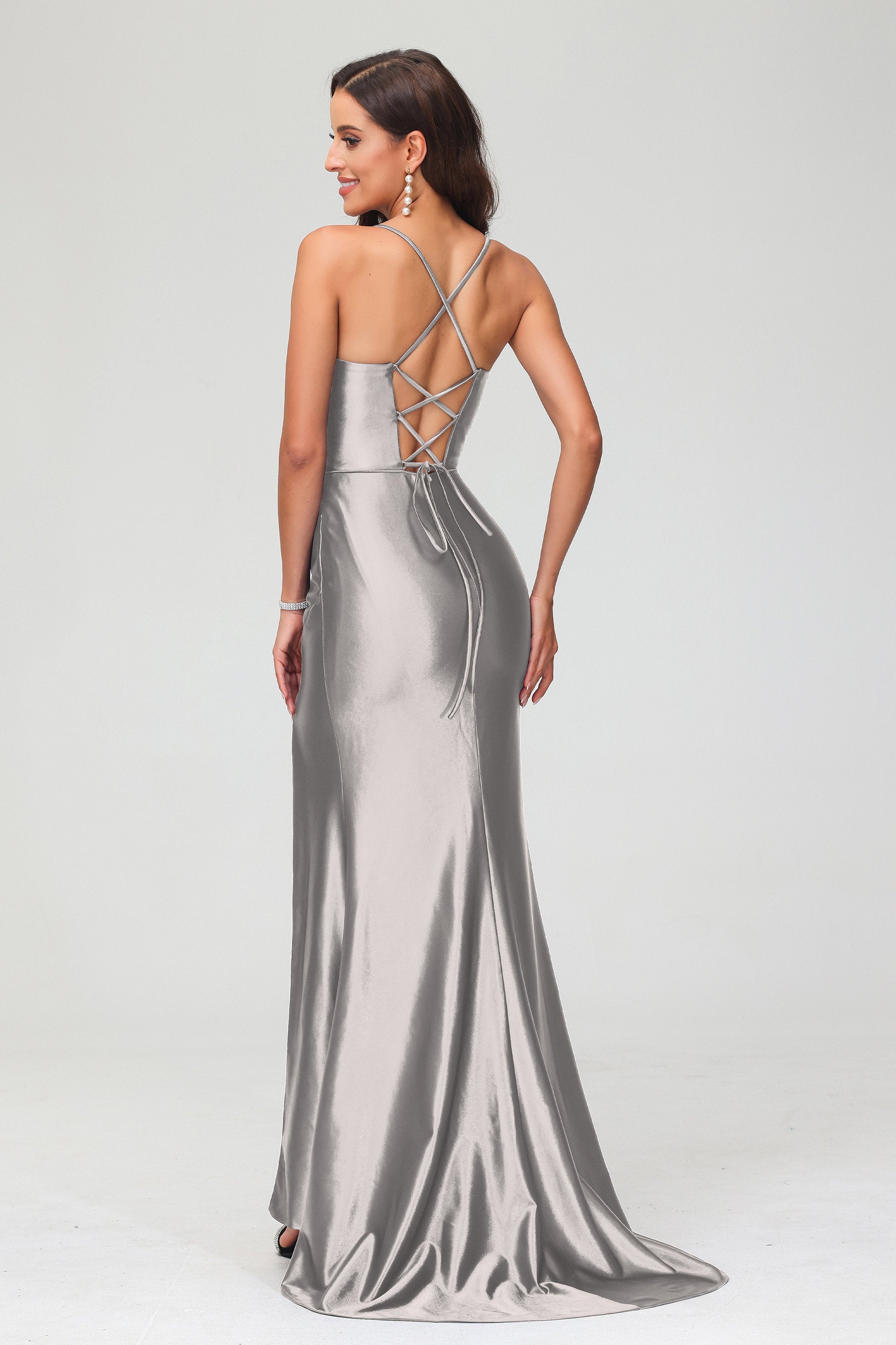 Spaghetti Straps Pleated Long Slit Sweep Train Mermaid Formal Evening Dress Prom Party Gowns