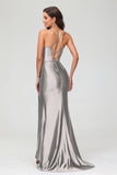 Spaghetti Straps Pleated Long Slit Sweep Train Mermaid Formal Evening Dress Prom Party Gowns