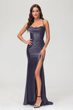 Spaghetti Straps Pleated Long Slit Sweep Train Mermaid Formal Evening Dress Prom Party Gowns