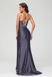 Spaghetti Straps Pleated Long Slit Sweep Train Mermaid Formal Evening Dress Prom Party Gowns