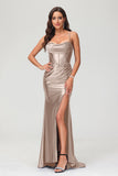 Spaghetti Straps Pleated Long Slit Sweep Train Mermaid Formal Evening Dress Prom Party Gowns