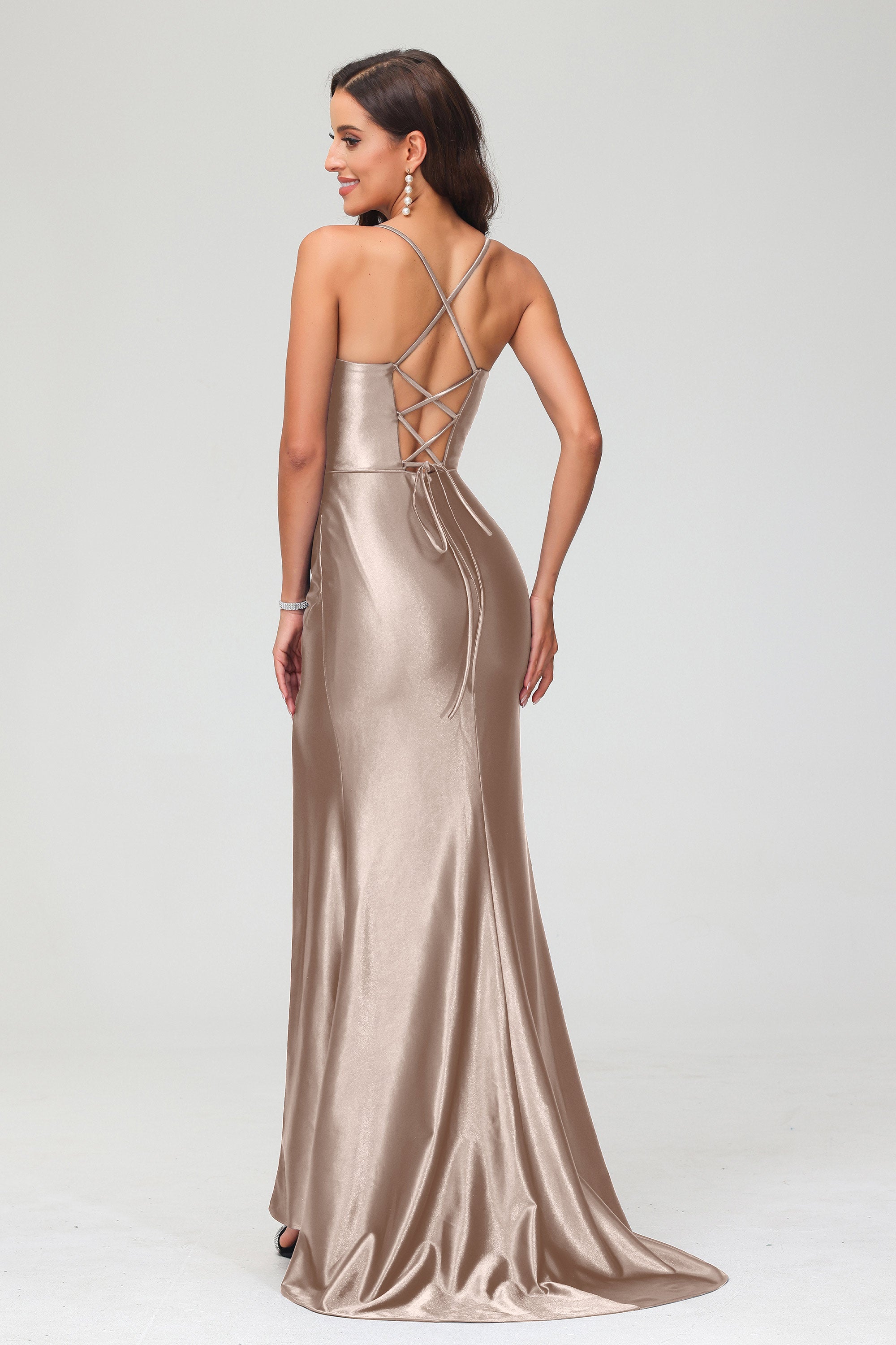 Spaghetti Straps Pleated Long Slit Sweep Train Mermaid Formal Evening Dress Prom Party Gowns