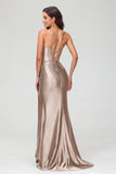 Spaghetti Straps Pleated Long Slit Sweep Train Mermaid Formal Evening Dress Prom Party Gowns