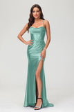 Spaghetti Straps Pleated Long Slit Sweep Train Mermaid Formal Evening Dress Prom Party Gowns