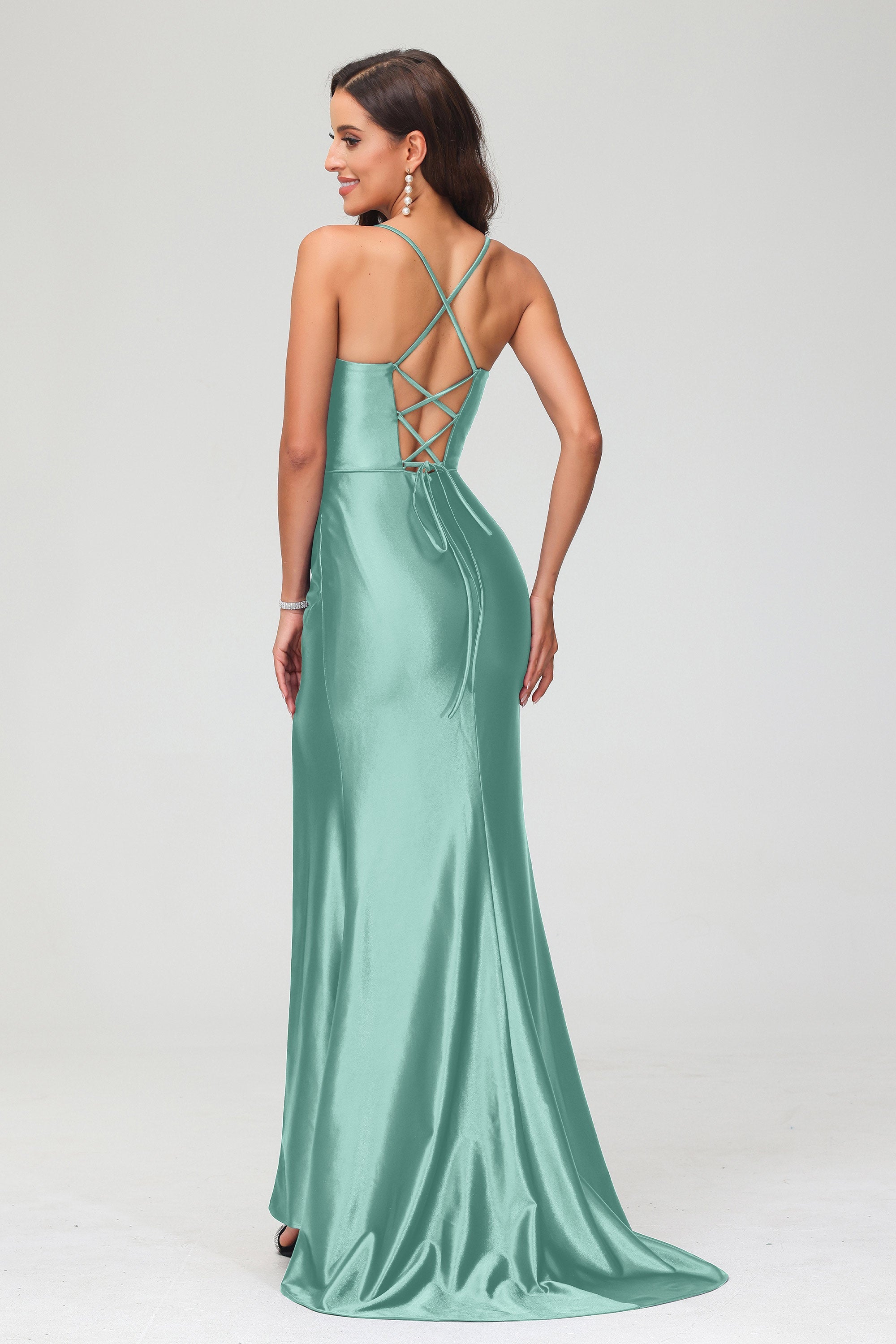 Spaghetti Straps Pleated Long Slit Sweep Train Mermaid Formal Evening Dress Prom Party Gowns