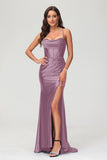 Spaghetti Straps Pleated Long Slit Sweep Train Mermaid Formal Evening Dress Prom Party Gowns