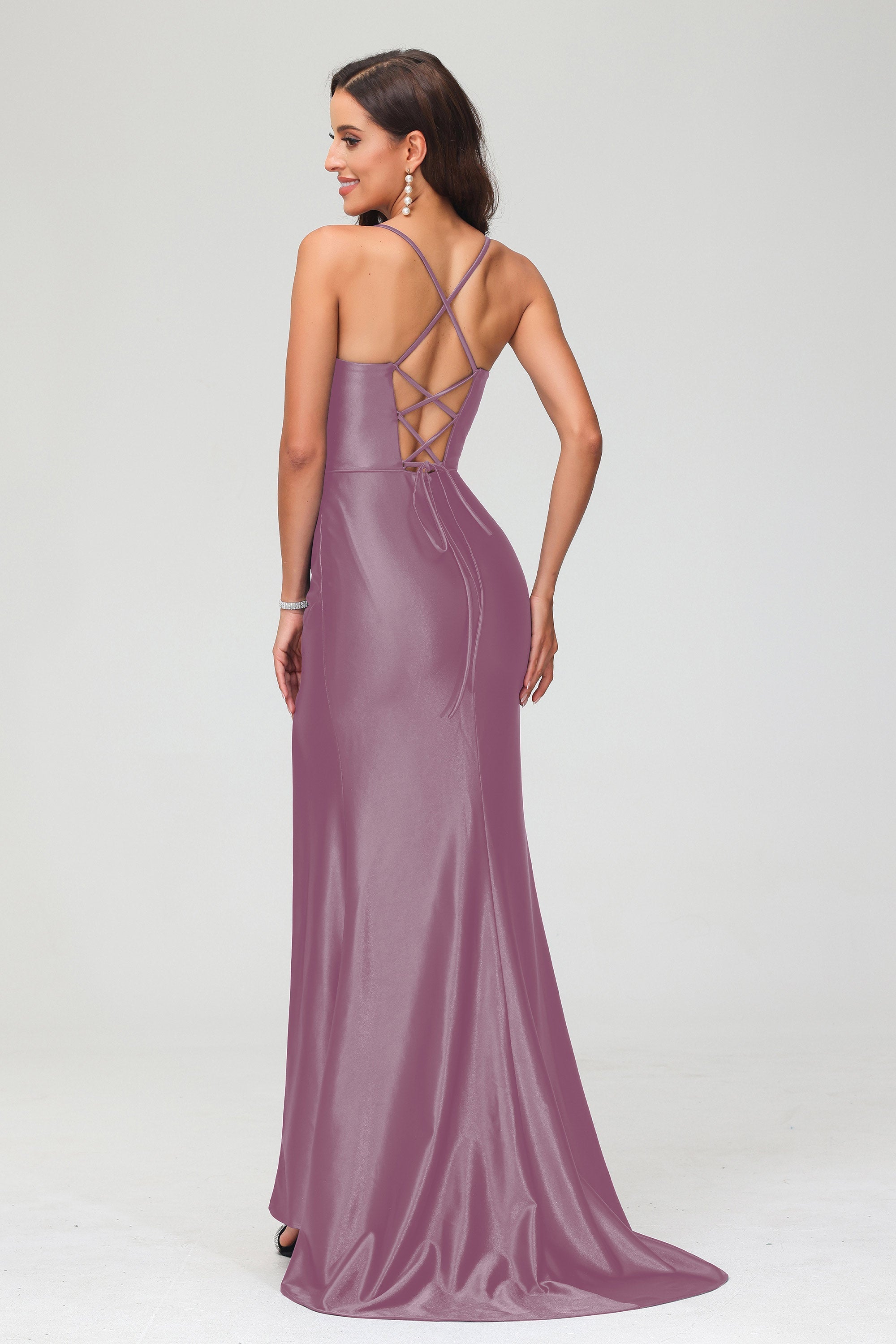 Spaghetti Straps Pleated Long Slit Sweep Train Mermaid Formal Evening Dress Prom Party Gowns