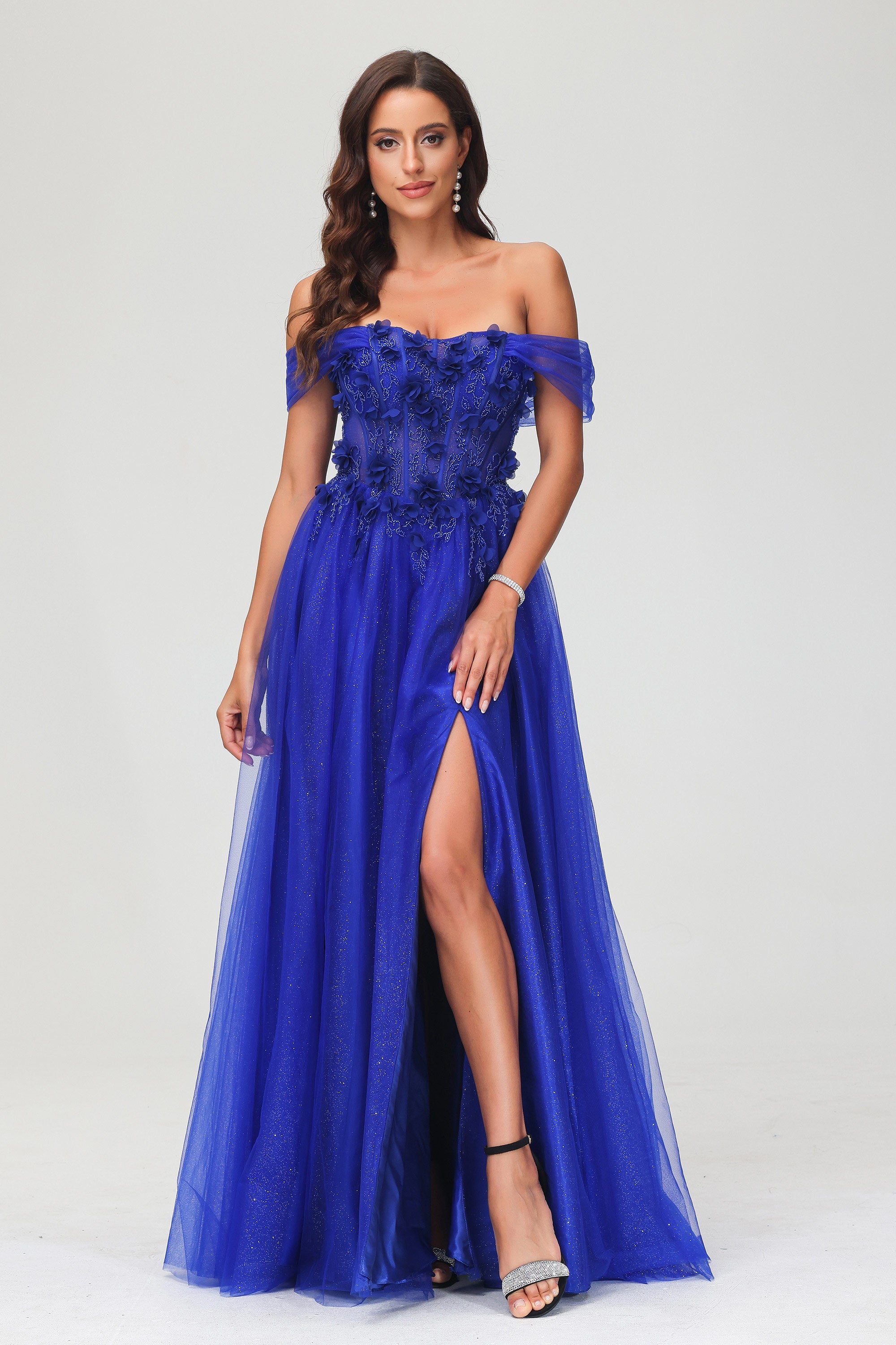 A-Linie, schulterfrei, glitzerndes Ballkleid mit Blumenapplikation und Schlitz, formelle Abendkleider
