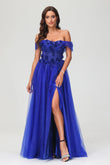 A-Linie, schulterfrei, glitzerndes Ballkleid mit Blumenapplikation und Schlitz, formelle Abendkleider