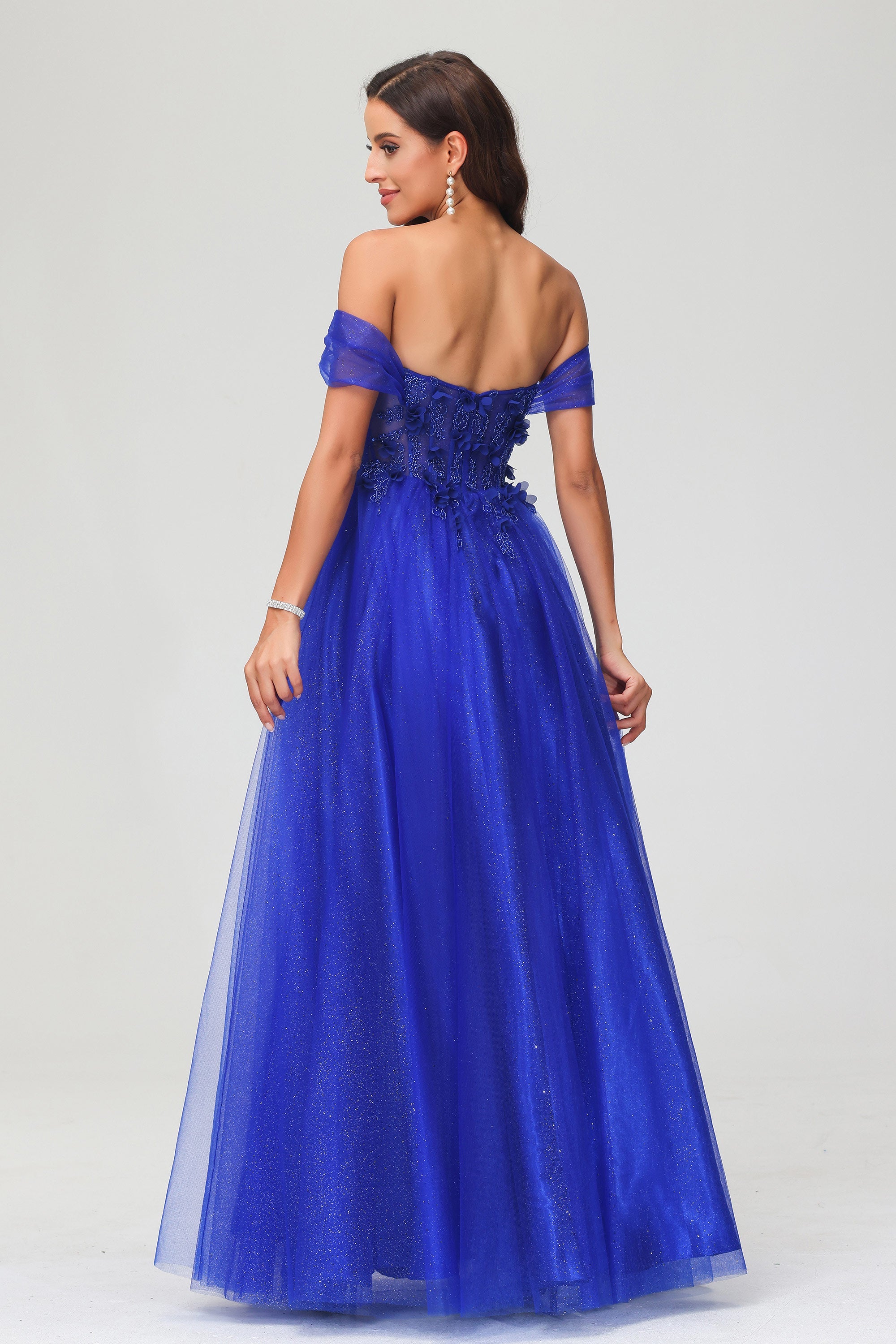 A-Linie, schulterfrei, glitzerndes Ballkleid mit Blumenapplikation und Schlitz, formelle Abendkleider