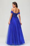 A-Linie, schulterfrei, glitzerndes Ballkleid mit Blumenapplikation und Schlitz, formelle Abendkleider