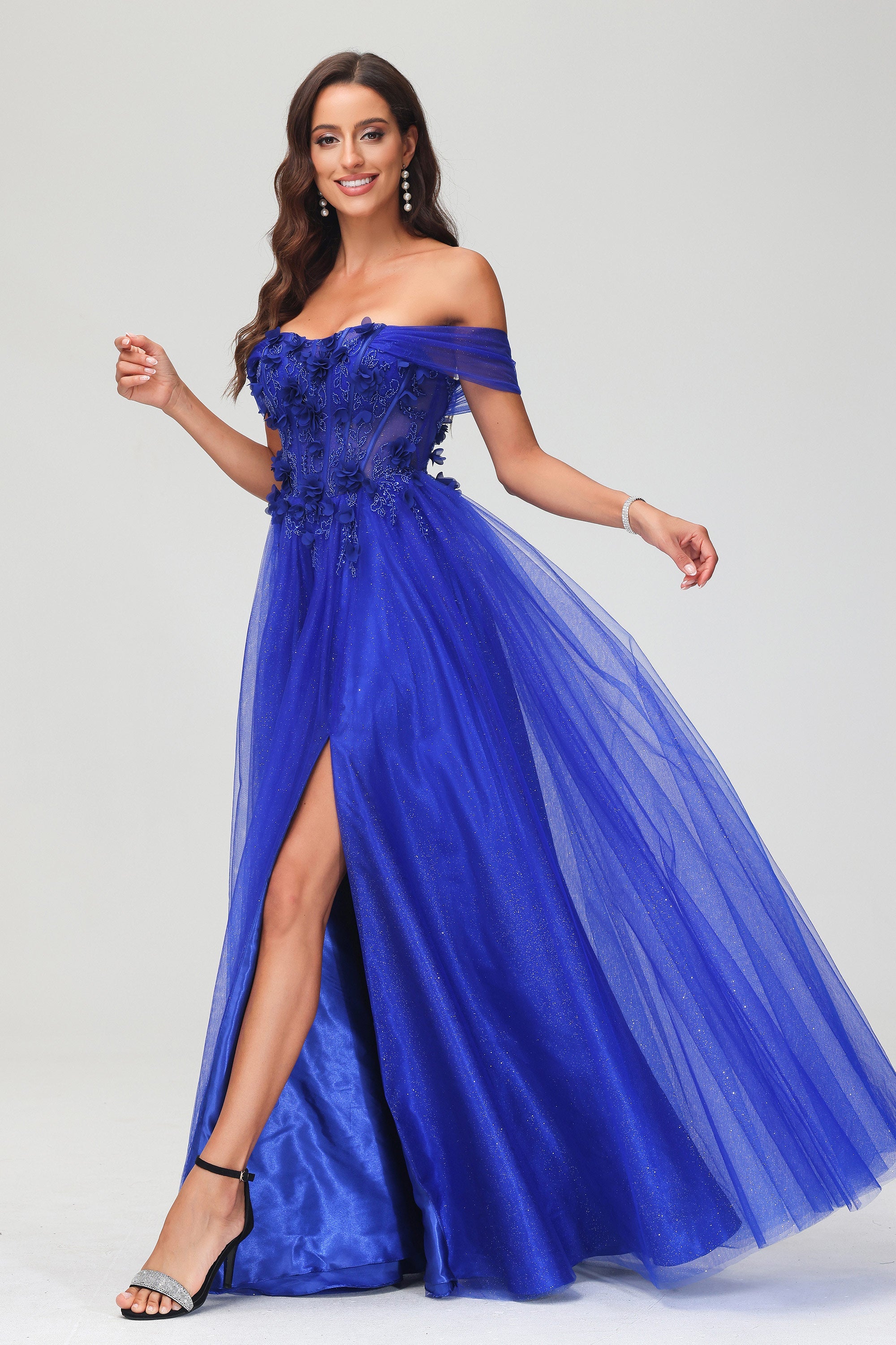 A-Linie, schulterfrei, glitzerndes Ballkleid mit Blumenapplikation und Schlitz, formelle Abendkleider