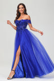 A-Linie, schulterfrei, glitzerndes Ballkleid mit Blumenapplikation und Schlitz, formelle Abendkleider
