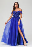 A-Linie, schulterfrei, glitzerndes Ballkleid mit Blumenapplikation und Schlitz, formelle Abendkleider