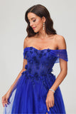 A-Linie, schulterfrei, glitzerndes Ballkleid mit Blumenapplikation und Schlitz, formelle Abendkleider