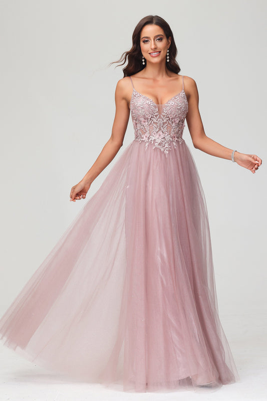 V Neck Rhinestone See-through Applique Tulle Long Prom Party Dress Formal Evening Gowns