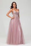 V Neck Rhinestone See-through Applique Tulle Long Prom Party Dress Formal Evening Gowns
