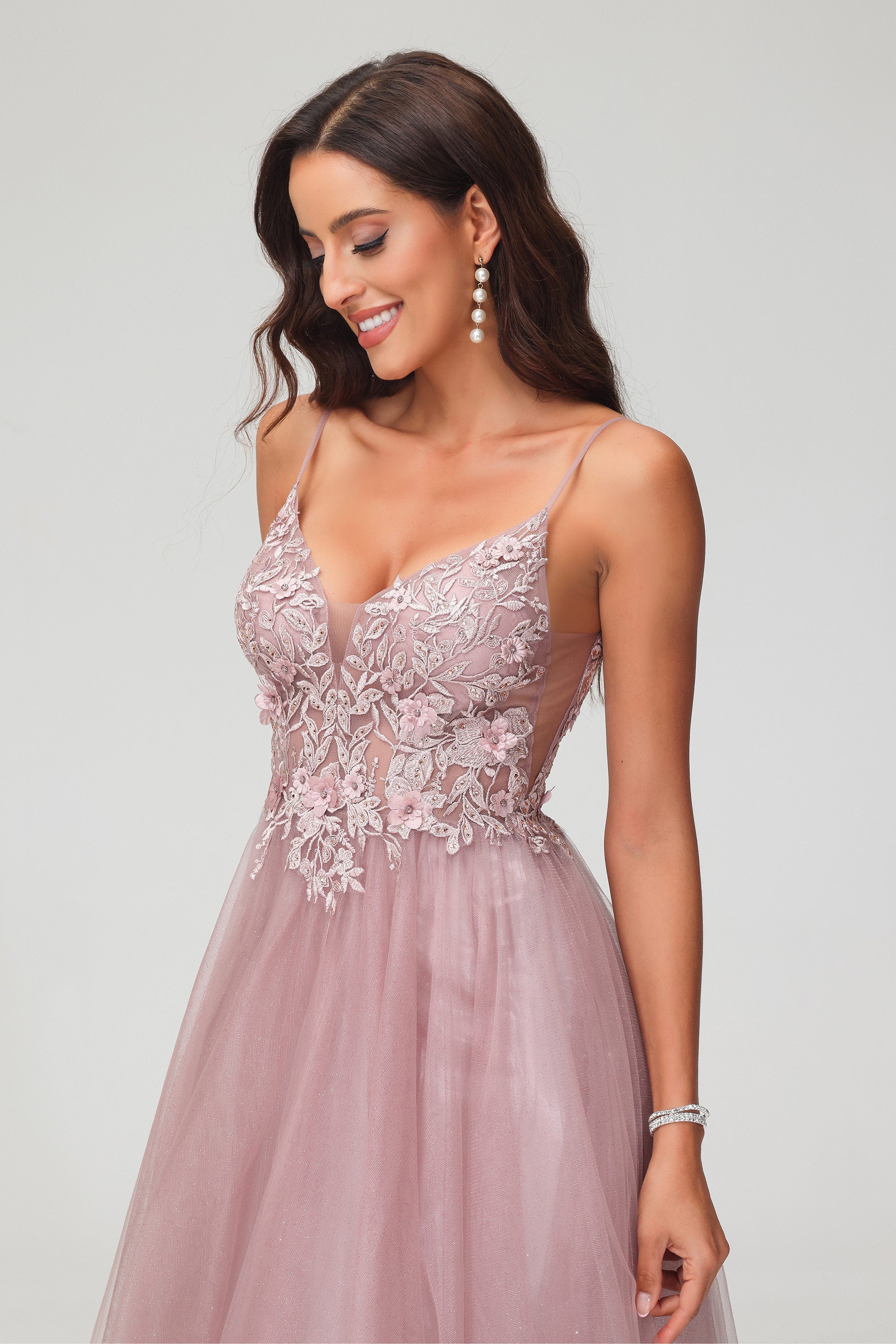 V Neck Rhinestone See-through Applique Tulle Long Prom Party Dress Formal Evening Gowns
