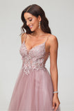 V Neck Rhinestone See-through Applique Tulle Long Prom Party Dress Formal Evening Gowns