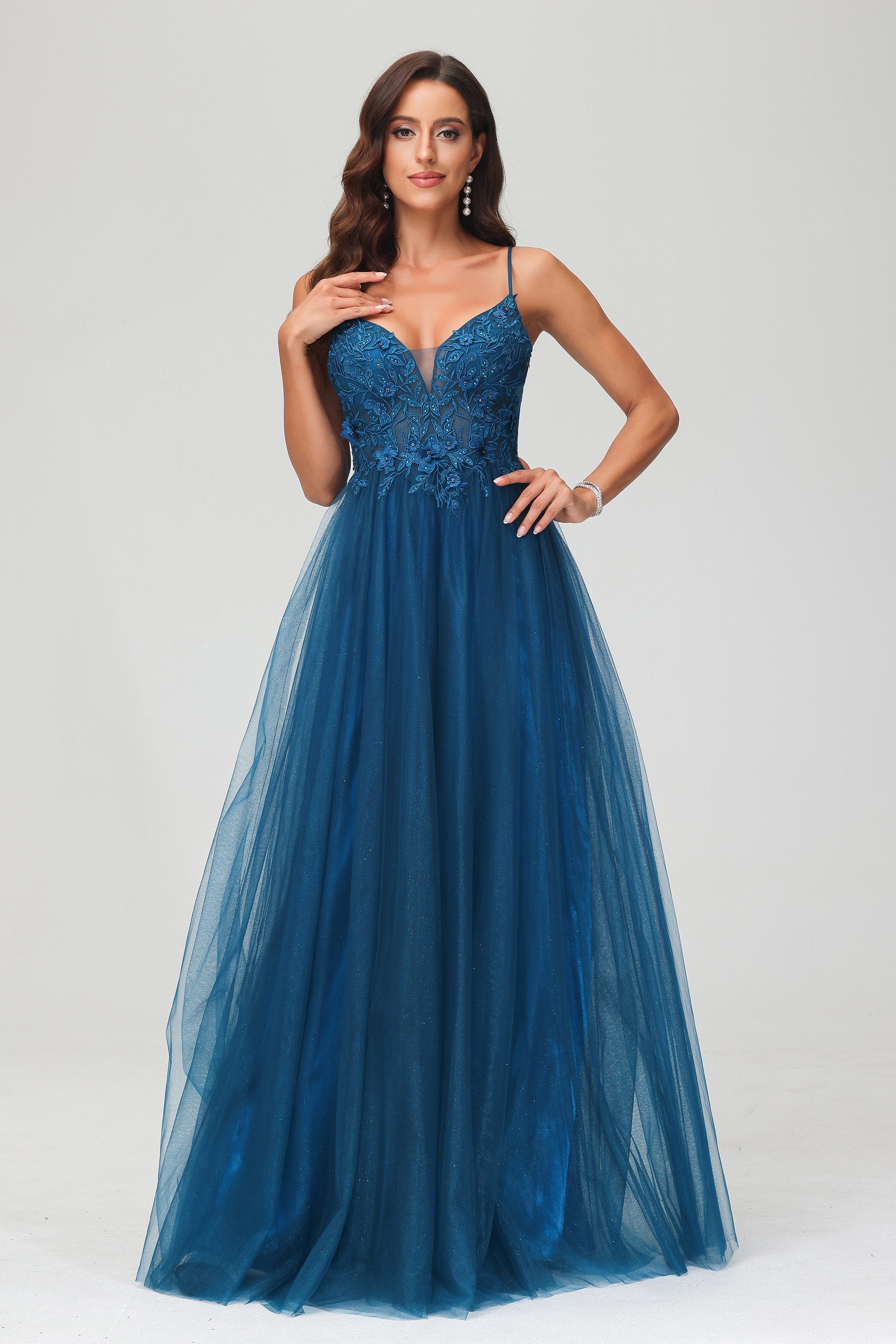 V Neck Rhinestone See-through Applique Tulle Long Prom Party Dress Formal Evening Gowns
