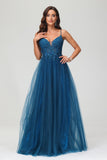 V Neck Rhinestone See-through Applique Tulle Long Prom Party Dress Formal Evening Gowns