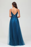 V Neck Rhinestone See-through Applique Tulle Long Prom Party Dress Formal Evening Gowns
