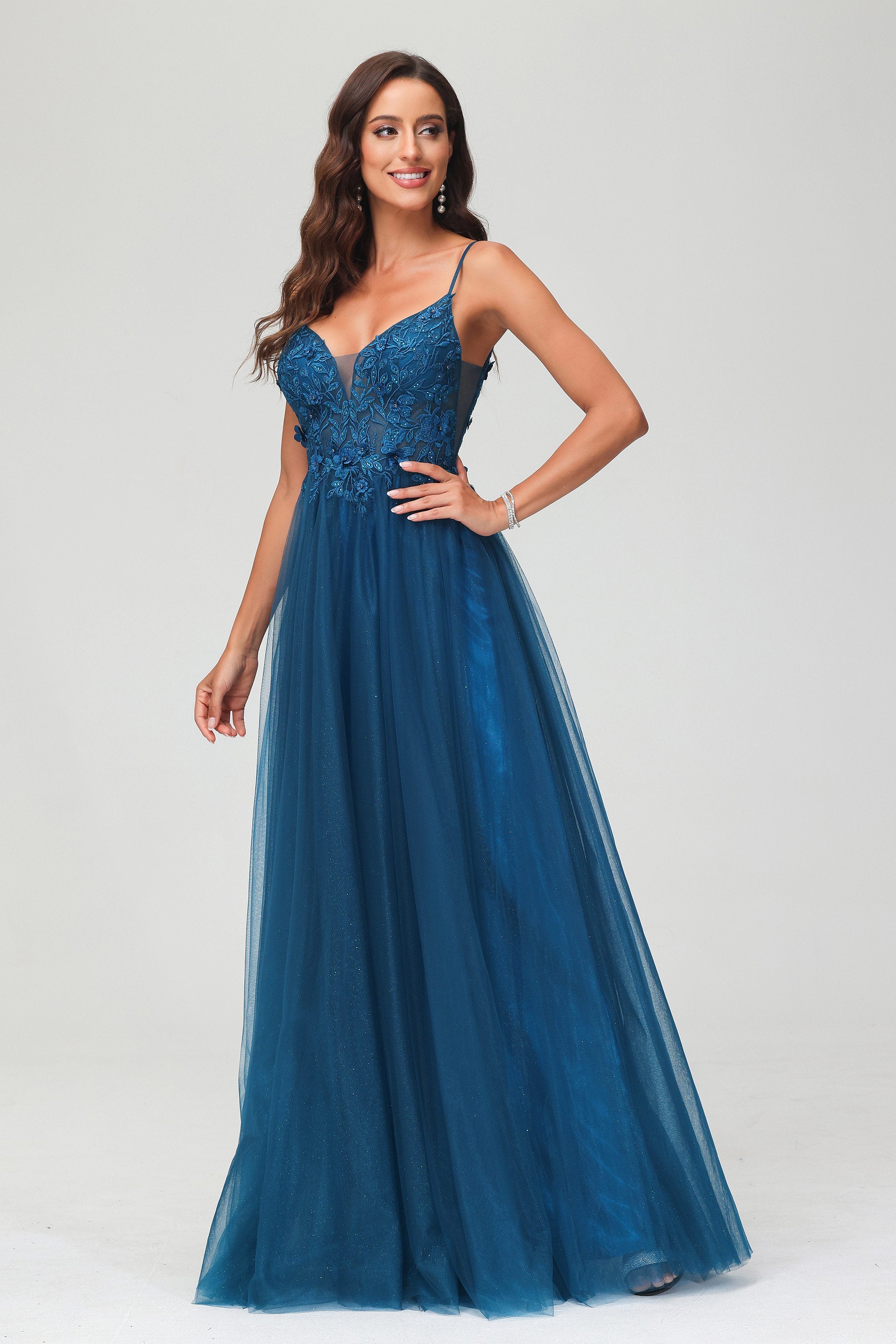 V Neck Rhinestone See-through Applique Tulle Long Prom Party Dress Formal Evening Gowns