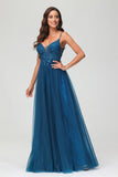 V Neck Rhinestone See-through Applique Tulle Long Prom Party Dress Formal Evening Gowns