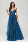 V Neck Rhinestone See-through Applique Tulle Long Prom Party Dress Formal Evening Gowns