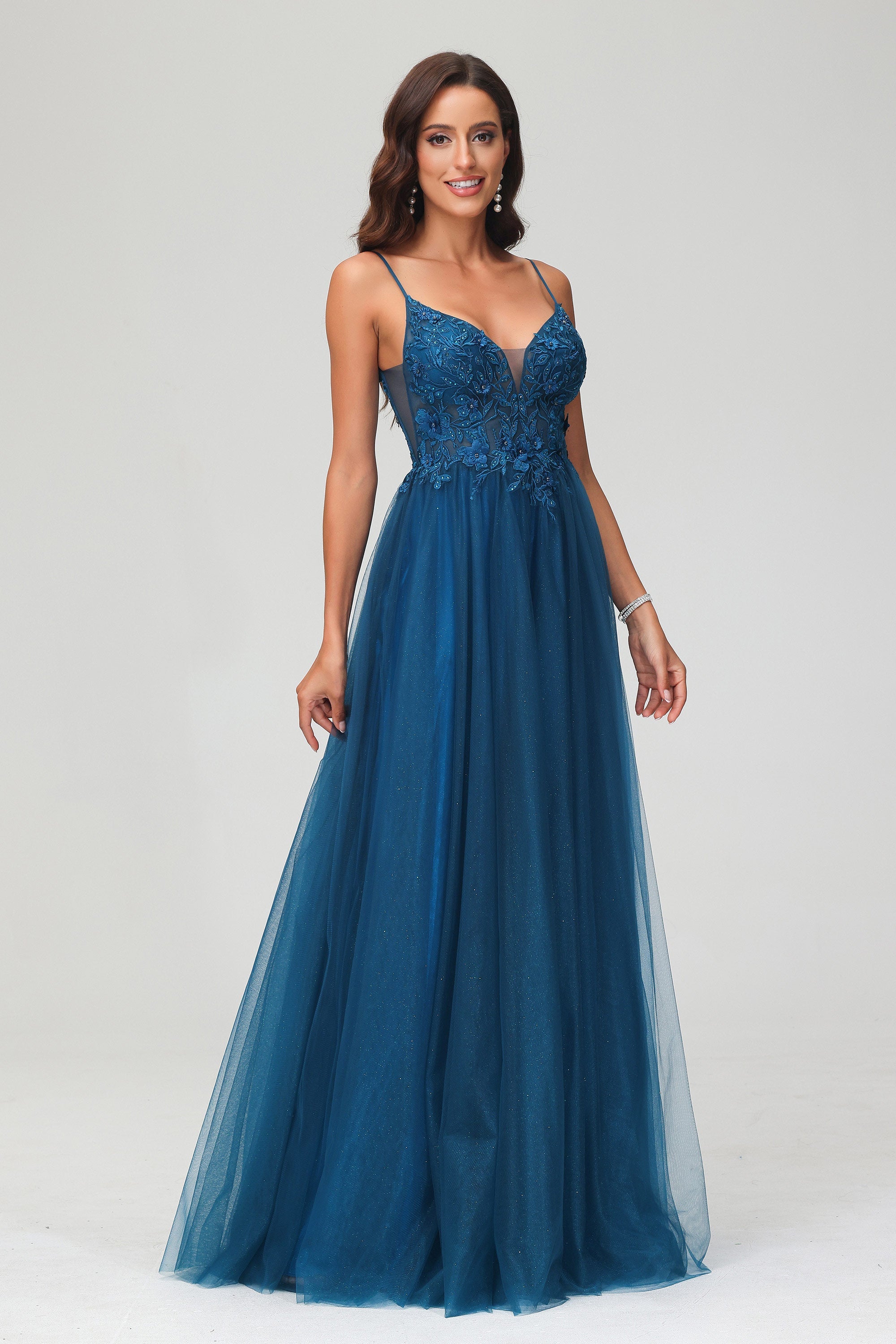 V Neck Rhinestone See-through Applique Tulle Long Prom Party Dress Formal Evening Gowns