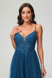 V Neck Rhinestone See-through Applique Tulle Long Prom Party Dress Formal Evening Gowns