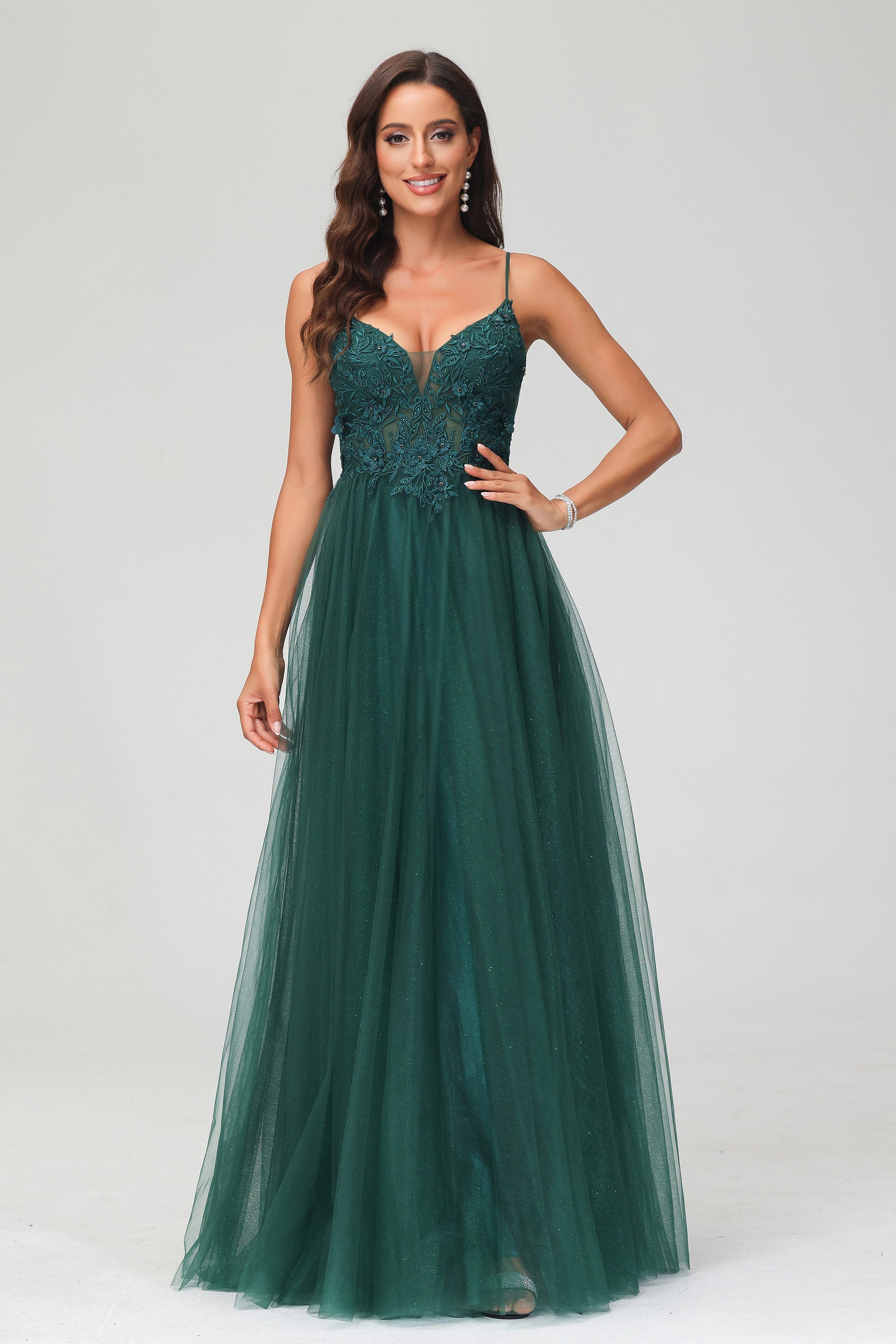 V Neck Rhinestone See-through Applique Tulle Long Prom Party Dress Formal Evening Gowns
