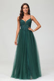 V Neck Rhinestone See-through Applique Tulle Long Prom Party Dress Formal Evening Gowns