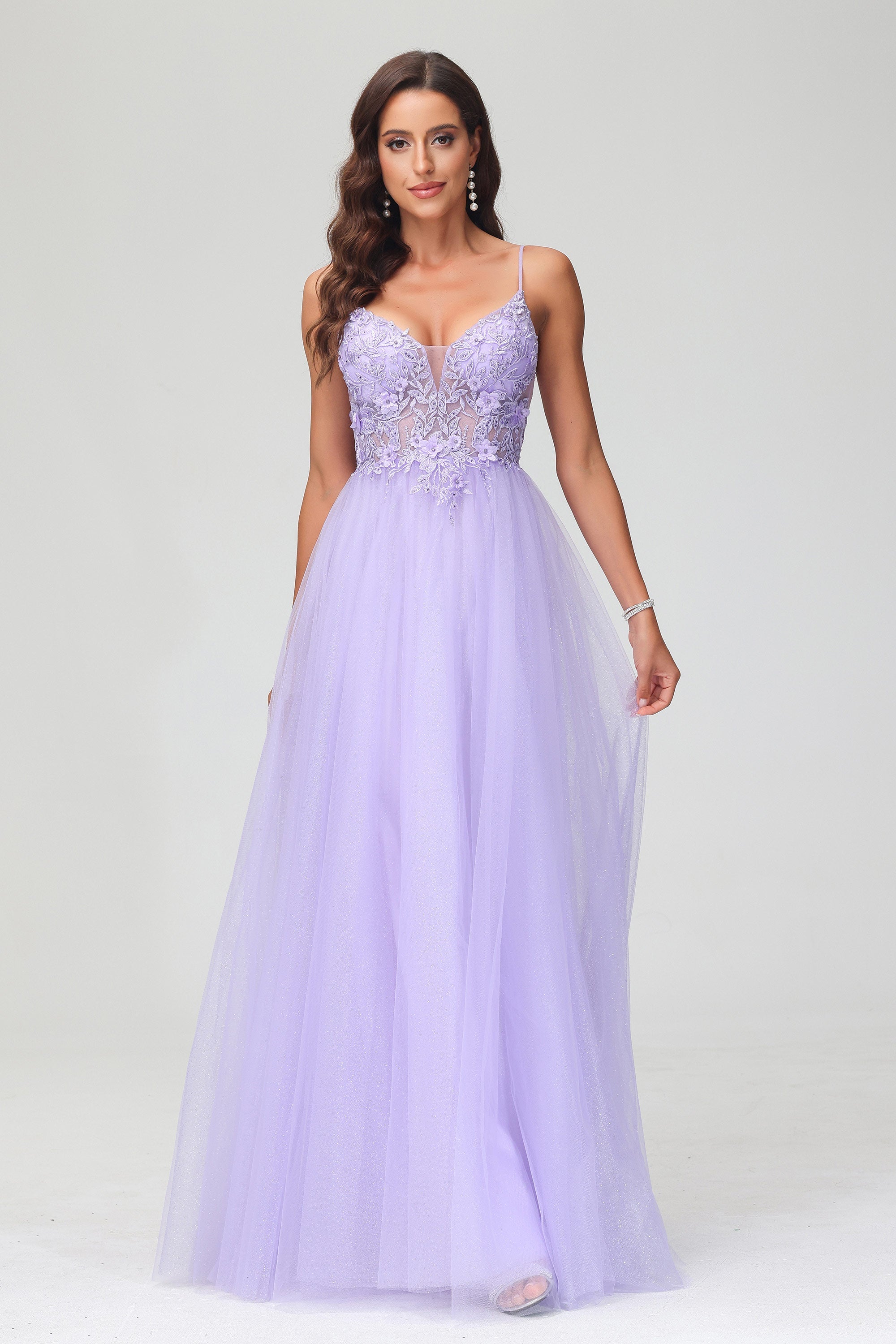 V Neck Rhinestone See-through Applique Tulle Long Prom Party Dress Formal Evening Gowns