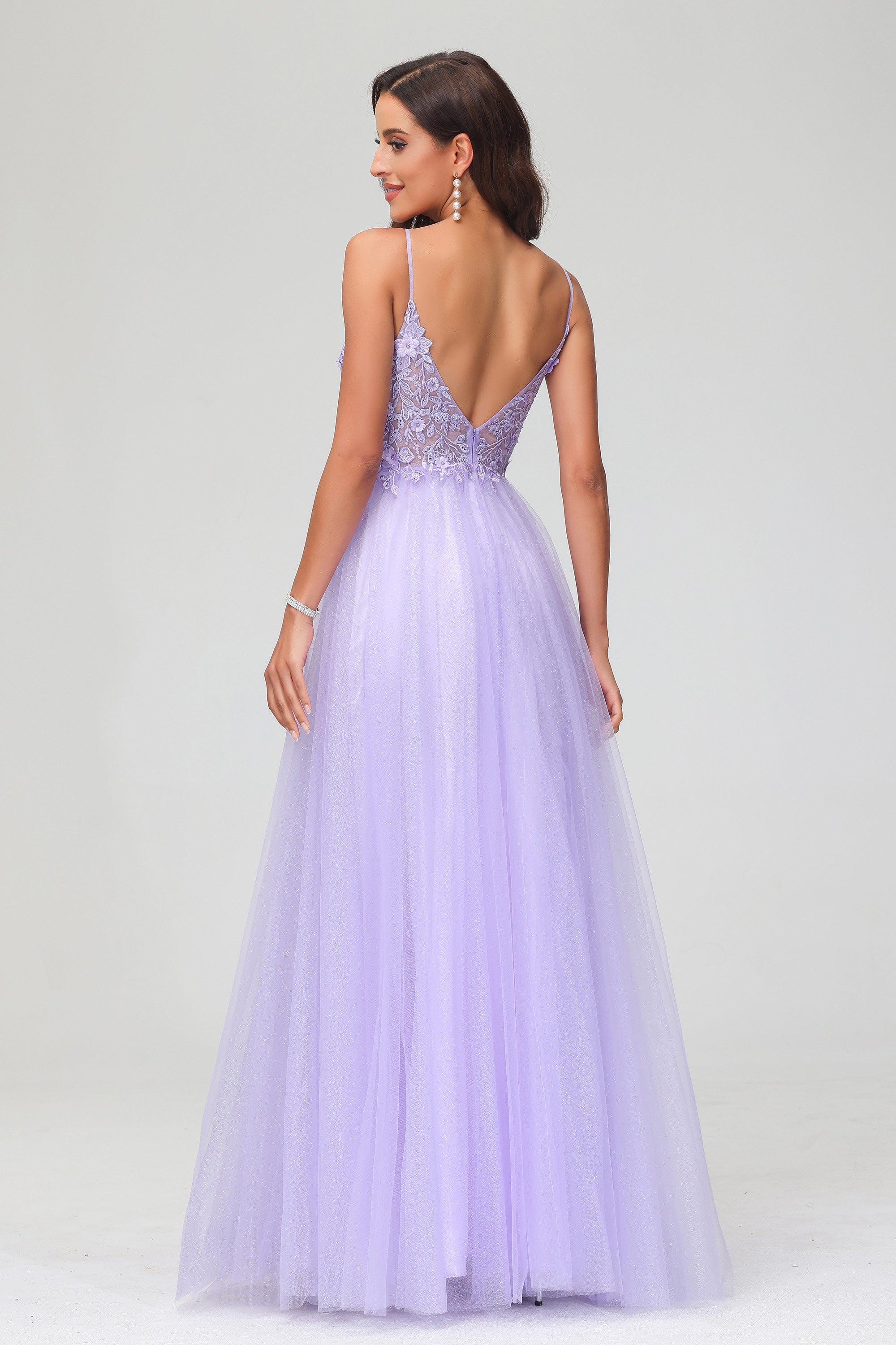 V Neck Rhinestone See-through Applique Tulle Long Prom Party Dress Formal Evening Gowns