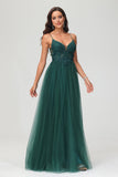 V Neck Rhinestone See-through Applique Tulle Long Prom Party Dress Formal Evening Gowns