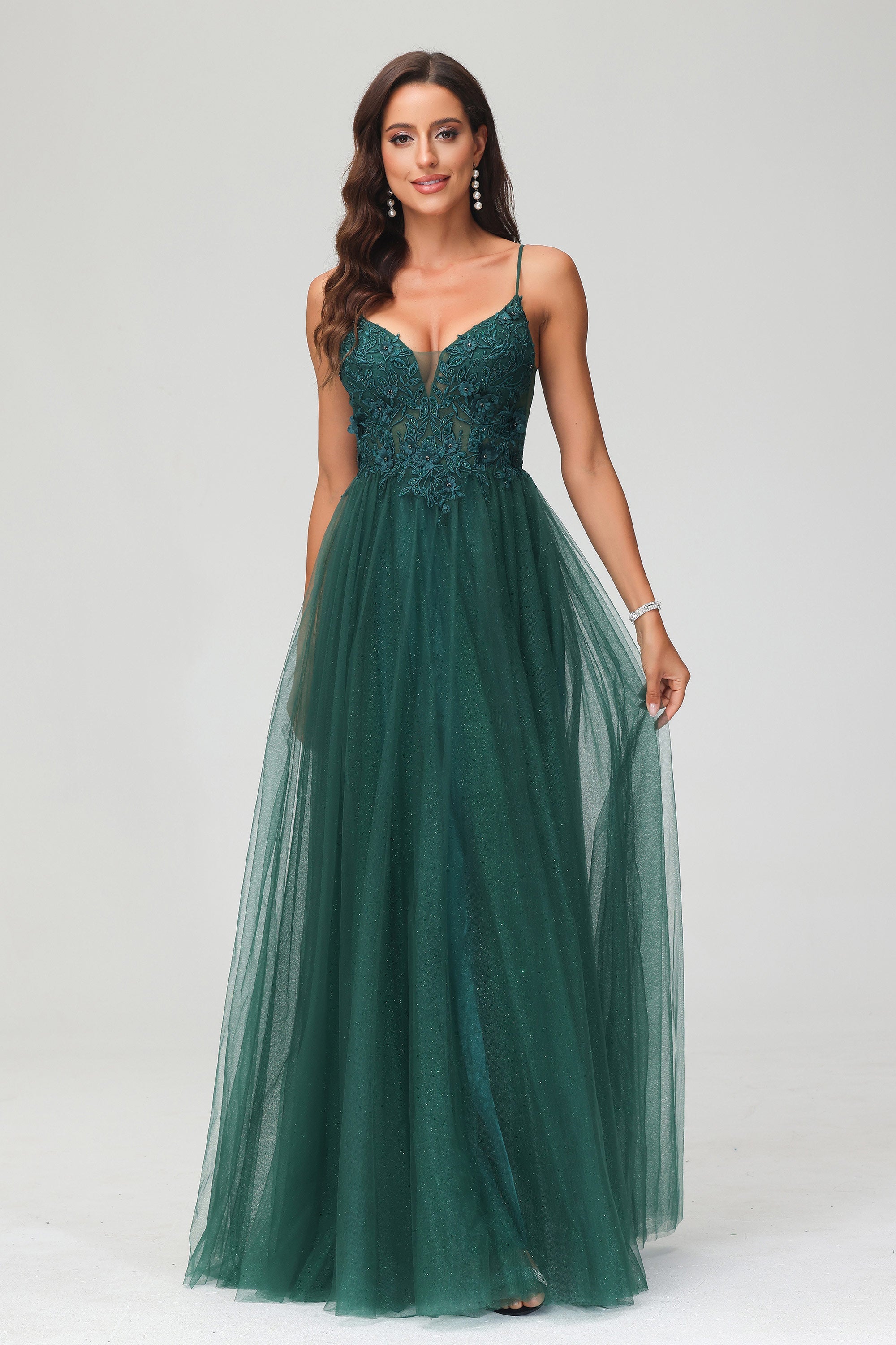 V Neck Rhinestone See-through Applique Tulle Long Prom Party Dress Formal Evening Gowns