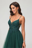 V Neck Rhinestone See-through Applique Tulle Long Prom Party Dress Formal Evening Gowns