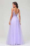 V Neck Rhinestone See-through Applique Tulle Long Prom Party Dress Formal Evening Gowns